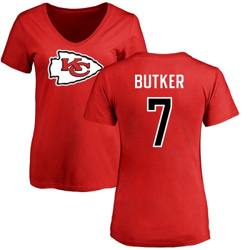 Women Football Kansas City Chiefs #7 Butker Harrison Red Name and Number Logo Slim Fit T-Shirt